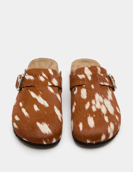 Marks & Spencer Leather Hair On Animal Print Clogs Light Tan Mix