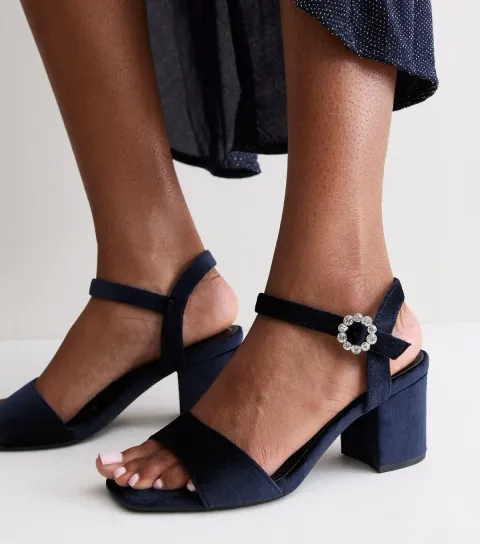 Women's Wide Fit Navy Velvet Block Heel Sandals Vegan