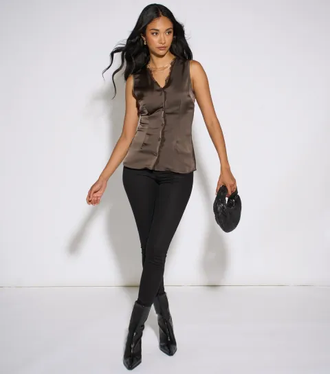 Women's Satin Lace Trim Waistcoat Top