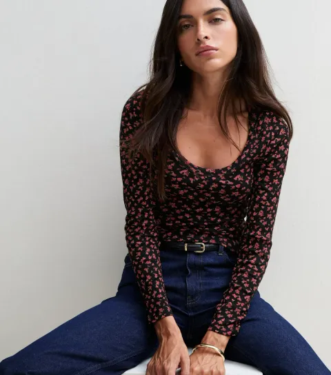 Women's Black Floral Cotton Rich Scoop Neck Long Sleeve Top