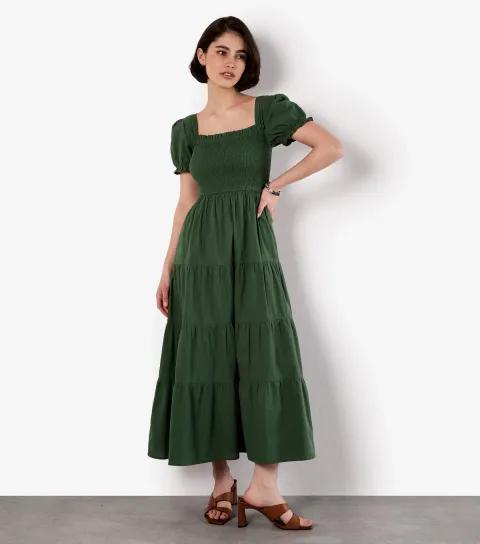 Women's Dark Green Smocked Cotton Tiered Dress