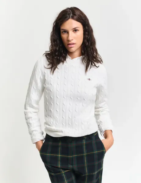 Gant Cotton Rich Cable Knit Crew Neck Jumper White