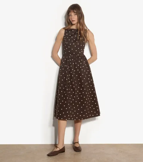 Women's Brown Cotton Polka Dot Print Midi Dress