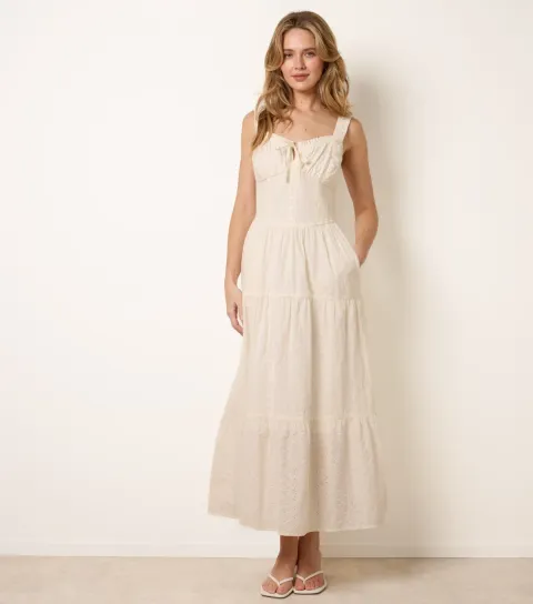 Women's Off White Broderie Anglaise Button Detail Maxi Dress