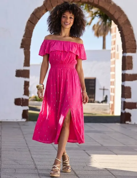 SOSANDAR Textured Bardot Shirred Midi Skater Dress Pink Mix