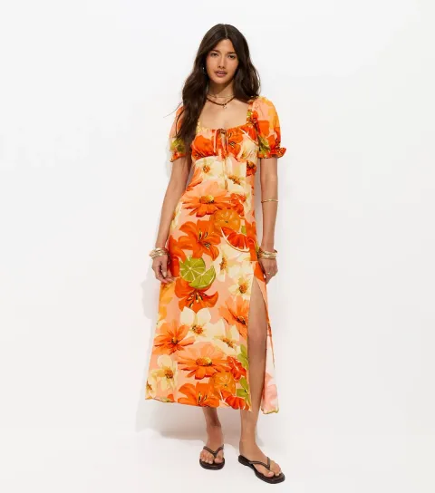 Women's Orange Floral Puff Sleeve Midi Dress