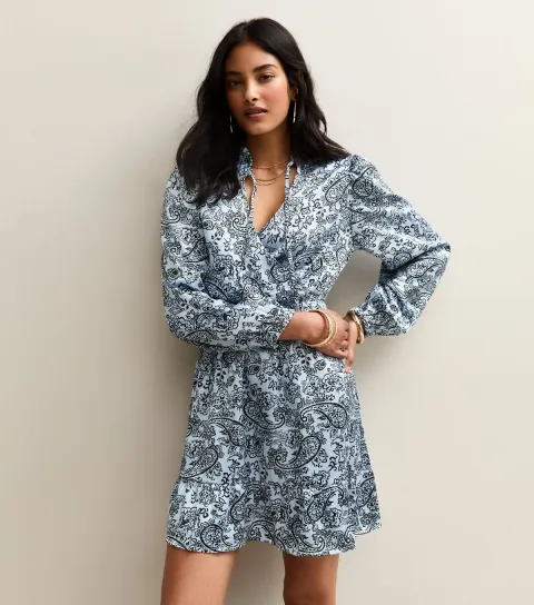 Women's Light Blue Paisley Print Tie Neck Satin Mini Dress