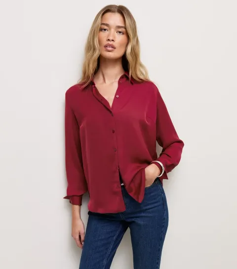 Women's Tall Bright Red Satin Long Sleeve Shirt