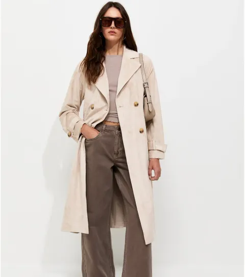 Women's Stone Faux Suede Double Breasted Trench Coat