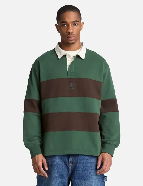 Timberland Contrast Collar Striped Rugby Sweatshirt Dark Green Mix