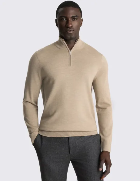 Moss Merino Wool Rich Half Zip Jumper Camel