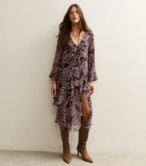 Women's Black Paisley Print Chiffon Midi Dress