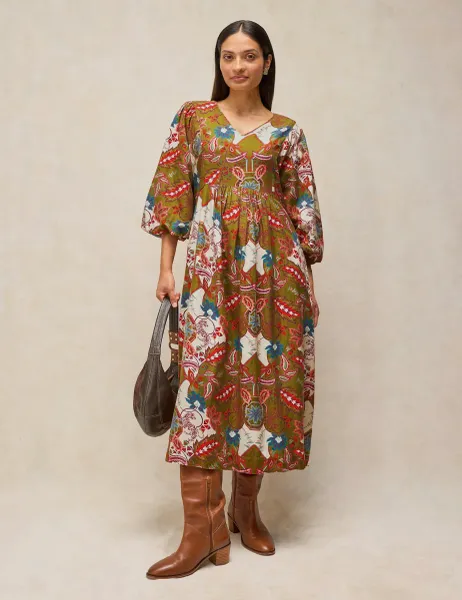 White Stuff Matilda Printed V Neck Midi Tea Dress Green Mix