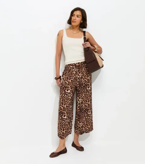 Women's Brown Animal Print Cropped Wide Leg Trousers