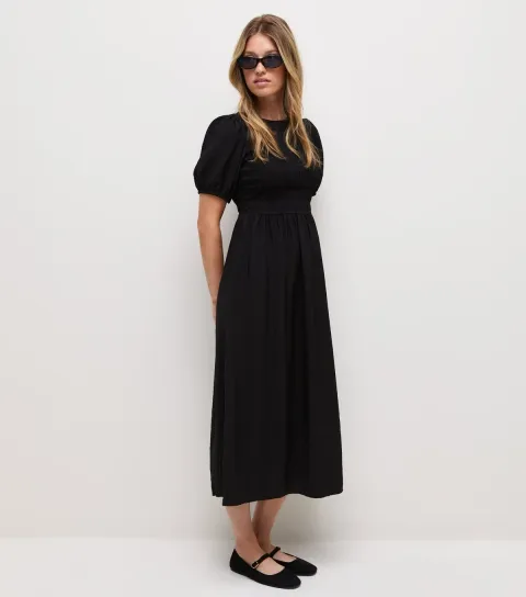 Women's Black Shirred Bust Crew Neck Short Sleeve Midi Dress