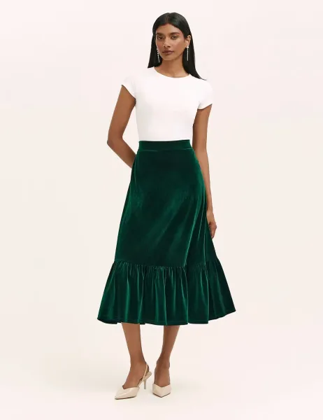Finery London Velvet Midi Tiered Skirt Green