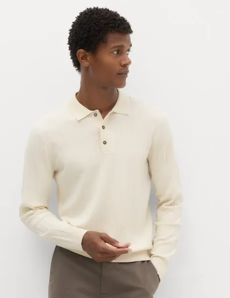 Marks & Spencer Cotton Blend Smart Rib Knit Polo Shirt Ecru