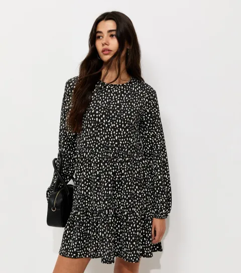 Women's Black Abstract Pattern Crinkle Texture Mini Smock Dress
