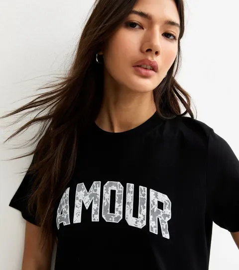 Women's Black Amour Lace Text T-Shirt