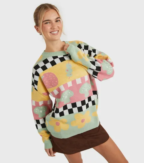 Women's Multi Colour Checkerboard Knit Jumper