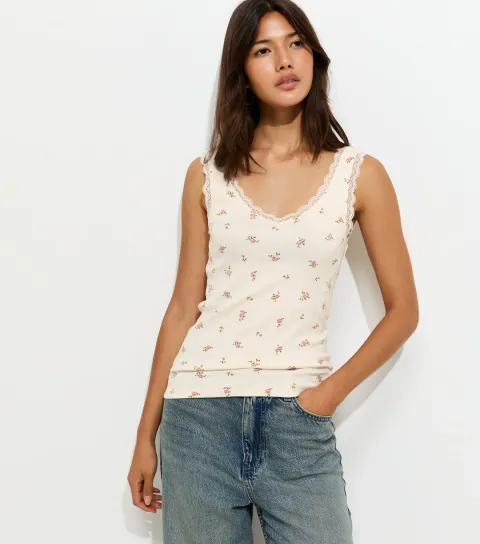 Women's Cream Cotton Rich Floral Lace Trim V-Neck Vest