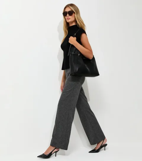 Women's Tall Dark Grey Check Jersey Wide Leg Trousers