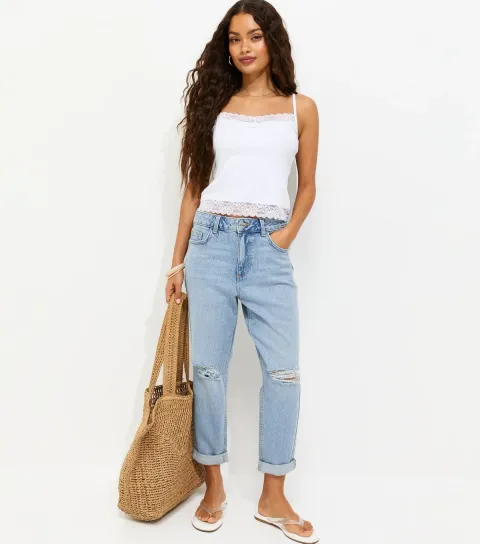 Women's Petite Light Blue Wash Ripped Denim Textured Mom Jeans
