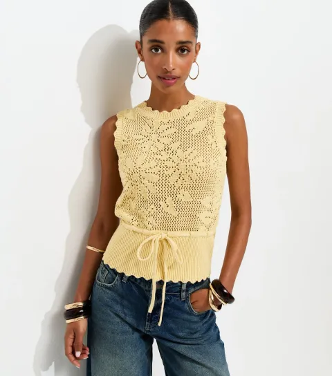 Women's Light Yellow Cotton Rich Floral Tie Waist Vest