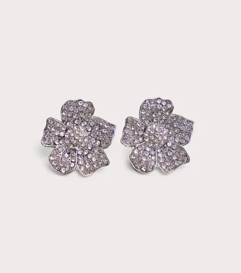 Silver Tone Diamante Floral Stud Earrings