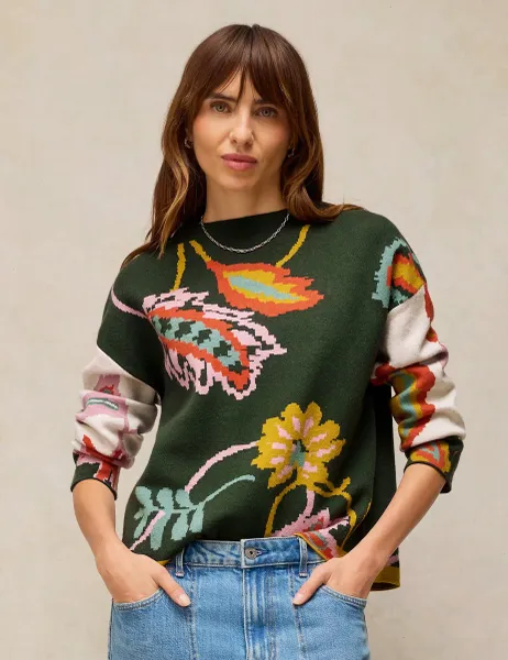 White Stuff Floral Crew Neck Jumper Green Mix
