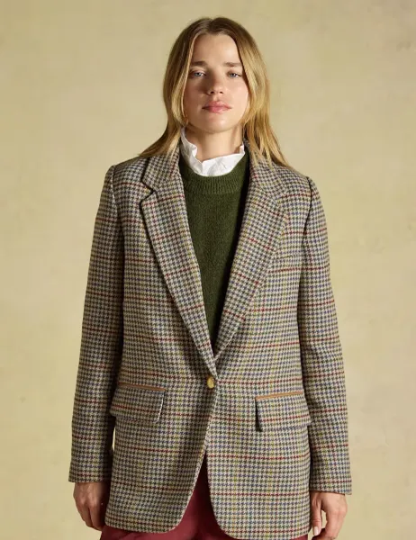 Joules Tweed Relaxed Fit Blazer with Wool Brown Mix