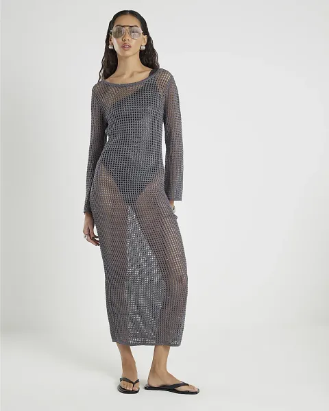 River Island Lurex Long Sleeve Maxi Beach Dress
