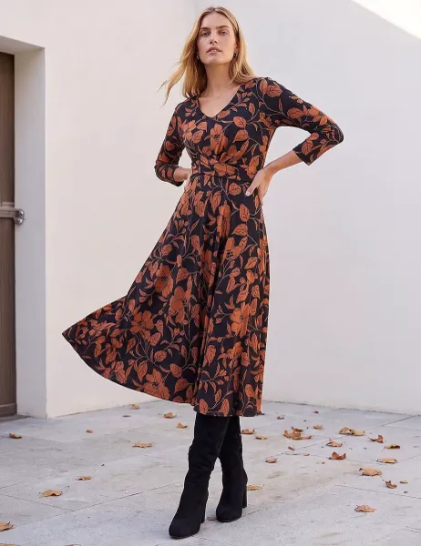 Roman Leaf Print Midi Wrap Dress Tan