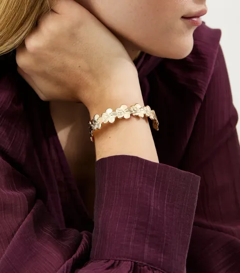 Gold Tone Textured Flower Cuff Bracelet