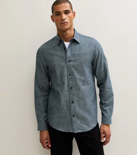 New Look Men's Blue Cotton Regular Fit Long Sleeve Chambray Shirt