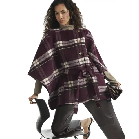 River Island Burgundy Check Print Belted Button Cape