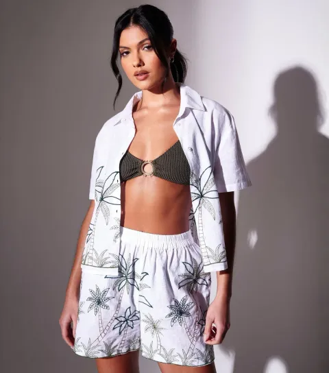 Women's White Cotton Embroidered Palm Tree Short Sleeve Shirt