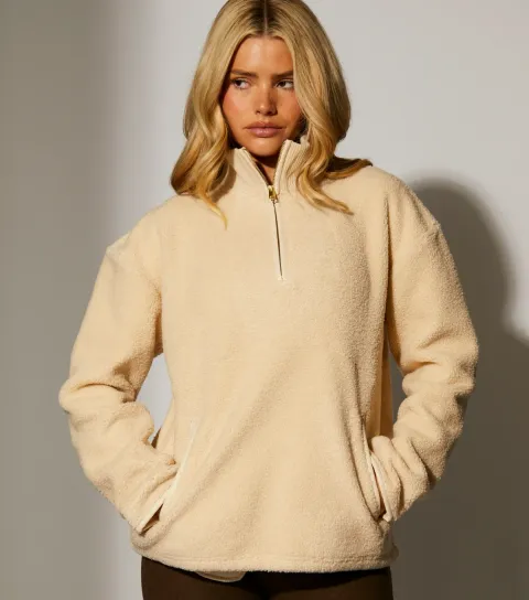 South Beach Women's Cream Fleece Back Faux Shearling Quarter Zip Jumper