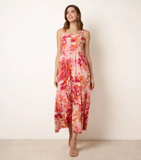Women's Pink Floral Print Strappy Midi Dress