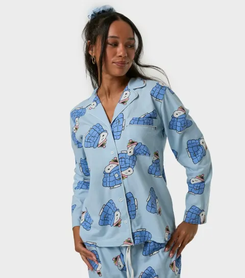 Skinnydip Women's Light Blue Snoopy Print Shirt and Trousers Pyjama Set With Scrunchie