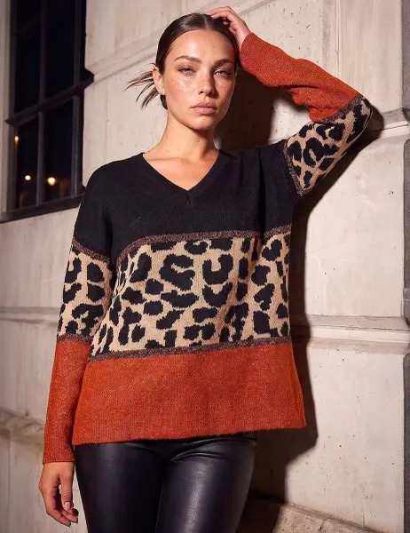 Roman Petite Animal Print Colour Block V-Neck Jumper Orange Mix