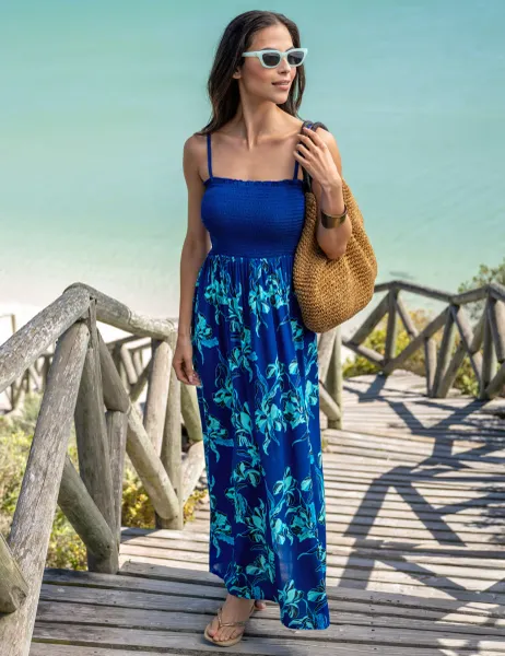Pour Moi Emma Strapless Shirred Maxi Beach Dress Navy Mix