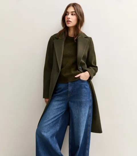 Women's Dark Khaki Single Button Lined Coat