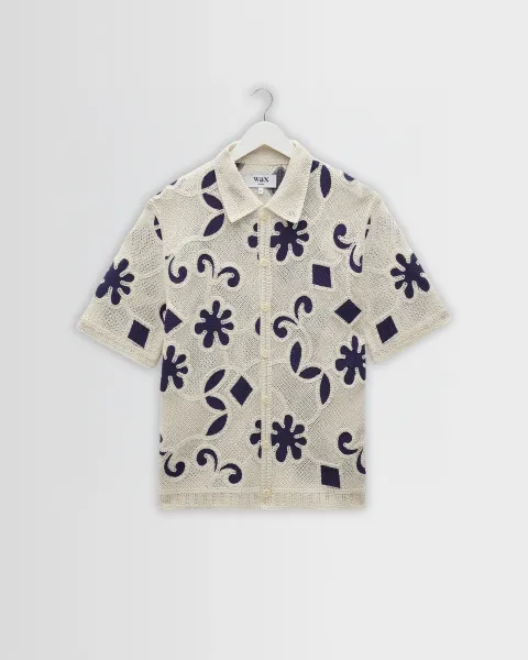 Porto - Ecru and Navy Doodle Crochet Knitted Shirt