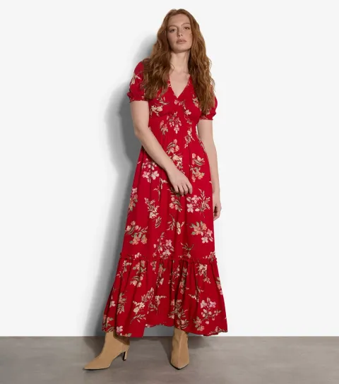 Women's Red Floral Print Midi Dress