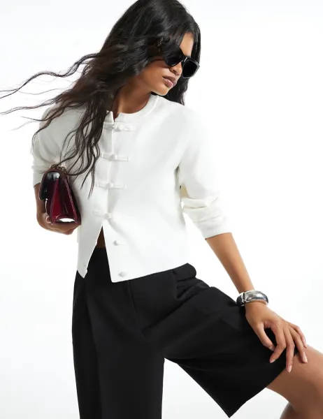 River Island Ribbed Crew Neck Chinoiserie Drummer Cardigan