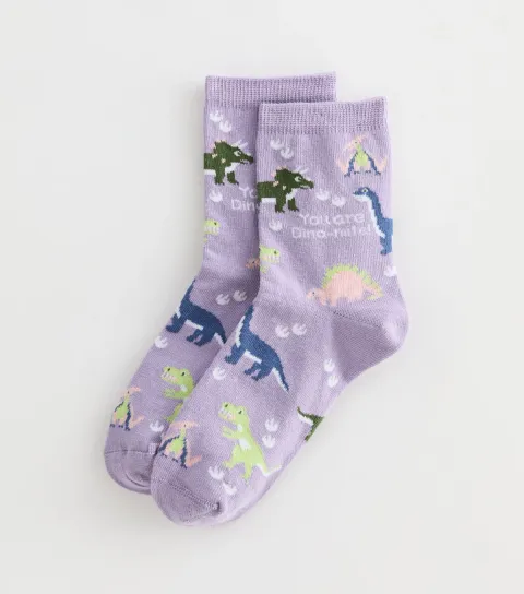 Purple Dinosaur Patterned Slogan Ankle Socks