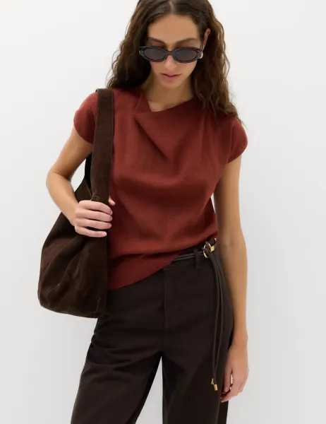 Marks & Spencer Draped Neck Knitted Top with Wool Rust