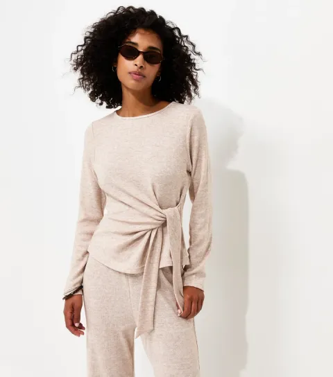 Women's Oatmeal Soft Touch Tie Front Long Sleeve Top