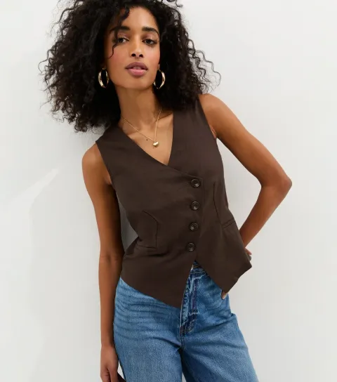 Women's Brown Linen Blend Asymmetric Waistcoat